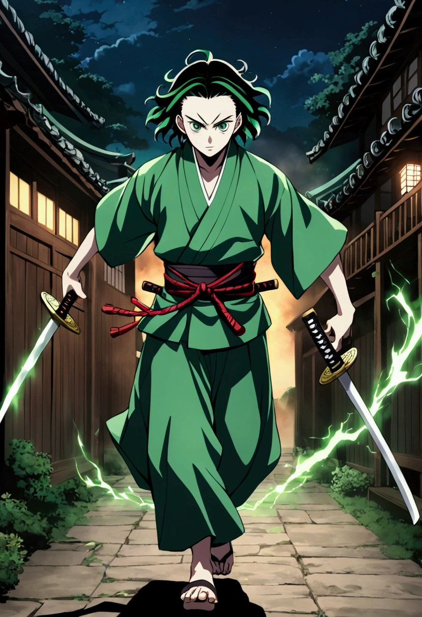 One Guy, Kimetsu no Yaiba, katana, toxic breathing style, green clothes, green eyes, sword slash, green sword aura, night backround, fixed arms, detailed arms and katana, human version, toxic aura swing, clip, anime scene, walking, talking, movement capture, mascular body