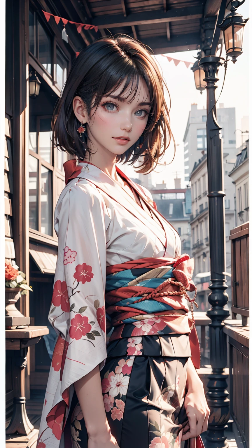 (Highest quality, 16K, masterpiece: 1.3)), 1 girl, Sharp focus: 1.2, Beautiful woman with perfect figure: 1.4, Slim Abs: 1.2, (((Short Bob Hair)), ((small: 1.4)), ((Beautiful Face Idol: 1.3)), (Transparent fabric kimono 1.5)), Highly detailed face and skin texture, Detailed eyes, double eyelid, (((stop temporarily)), (Fascinating)), walk, Paris cityscape, Low - Angle, Shooting from below