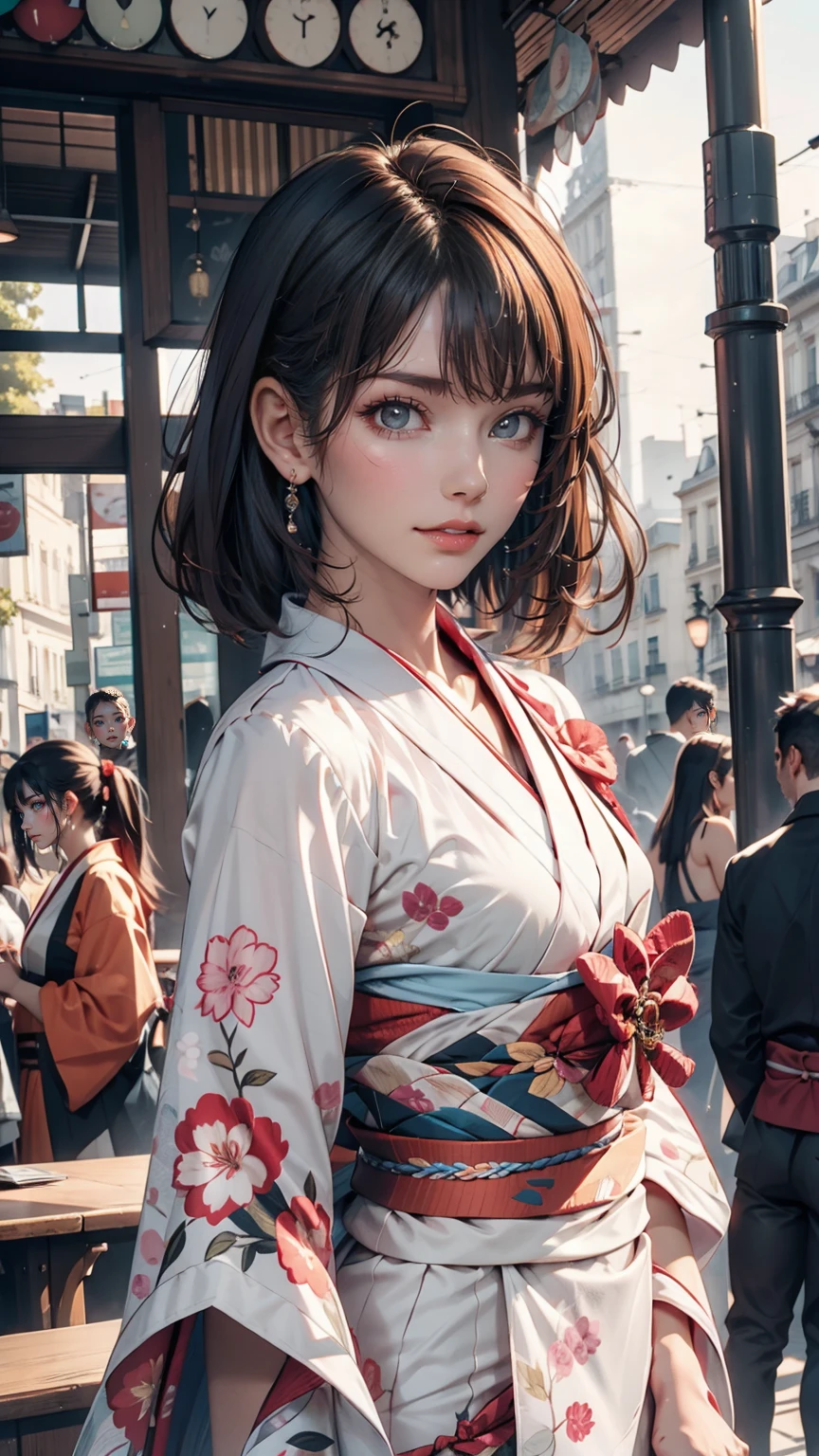 (Highest quality, 16K, masterpiece: 1.3)), 1 girl, Sharp focus: 1.2, Beautiful woman with perfect figure: 1.4, Slim Abs: 1.2, (((Short Bob Hair)), ((small: 1.4)), ((Beautiful Face Idol: 1.3)), (Transparent fabric kimono 1.5)), Highly detailed face and skin texture, Detailed eyes, double eyelid, (((stop temporarily)), (Fascinating)), walk, Paris cityscape, Low - Angle, Shooting from below