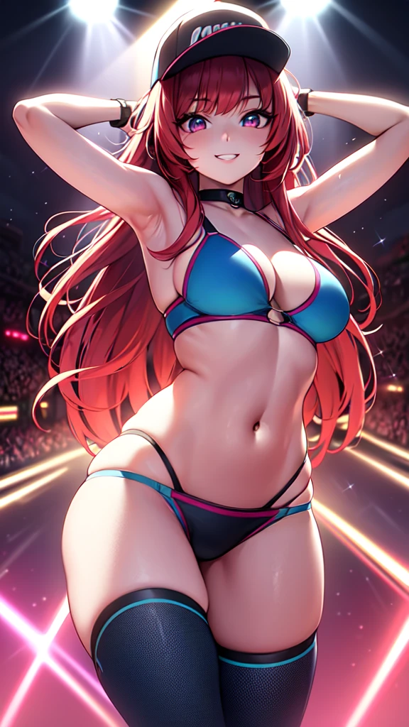 +sparkle+ 1_girlsolo, anime girl, long red hair, short bangs, baseball cap, blue bikini headphones, beach lighting,s,(best quality:1.2),(ultra-detailed:1.2),(realistic:1.37),HDR,vivid colors,portraits, figure,headphone girl,anime style, atmosphere,techno music,electronic dance music,festival vibes,hip hop beats,festival outfit,energetic dance moves,expressive eyes,hairstyle with vibrant colors,neon lights,beaming smile,positive vibes,high-energy performance,stylized backgrounds,colorful visuals,excitement in the air, arms behind back 