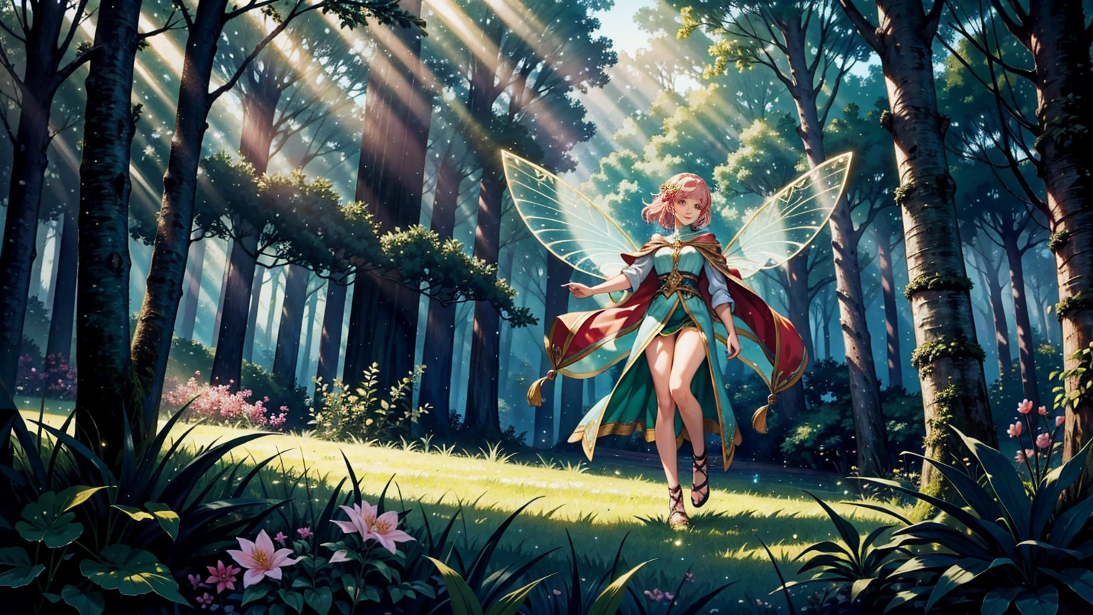 A female adventurer playing with fairies in a beautiful, mystical forest. The woman has a joyful expression, wearing a practical yet stylish outfit suitable for adventuring, with a light armor and a cloak. Her hair is flowing, and she is reaching out to the small, glowing fairies with delicate wings. The forest is lush with vibrant green foliage, tall ancient trees, and colorful flowers. The fairies leave trails of sparkling light as they flutter around her. The scene is illuminated by soft, magical light filtering through the trees, creating a dreamy and enchanting ambiance.