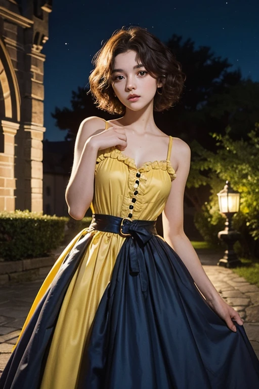  1.60, short curly hair, slim, flat bust, redhead, with punches on the face, yellow victorian dress, in the castle garden, at night, scared.