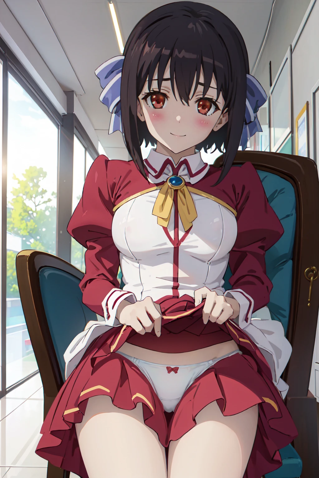 [[anime styled]],[[digitalart]],masterpiece,best quality,high resolution,Tomomi_Xijing,black hair,Short hair,Hair Ribbon,red eyes,midium build,(red ,red winter clothes,long sleeves,long skirt),NSFW,1girl in,独奏,((sitting on the chair,reclining)),(Portrait),pussy focus,from below,(short torso),Perfect Lighting,[bare breasts:1.3,nipples:1.3],(skirt lift,up skirt),show off panites,((lite white panties)),smile,blush,(underwear:1.2), (strong light),((brighten the subject)), break background classroom,