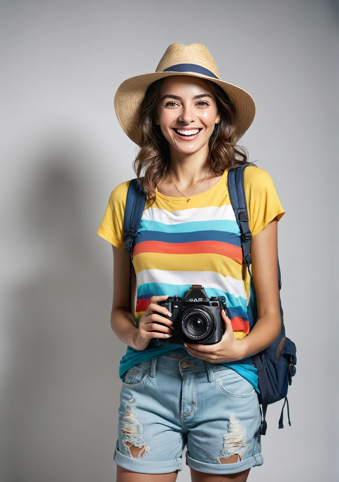 (realistic image) of a smiling female tourist, standing against a plain white background. She is dressed in casual travel attire, including a colorful blouse, comfortable pants or shorts, and a sun hat. She is holding a camera around her neck and has a backpack over one shoulder. Her expression is joyful and welcoming, with a broad smile and bright eyes. The lighting is even and natural, highlighting her features without casting harsh shadows, candid photo, torso, filmed on Agfa Vista, photograph with flash, taken on an old Polaroid camera, 8K, high detail, ultra high resolution, (realism: 1.4), original photo, realistic skin texture: 1.3, film grain: 1.3, selfie shop, expression of happiness and excitement, realistic details of clothing and accessories, cinematic lighting, best shadow, warm tone