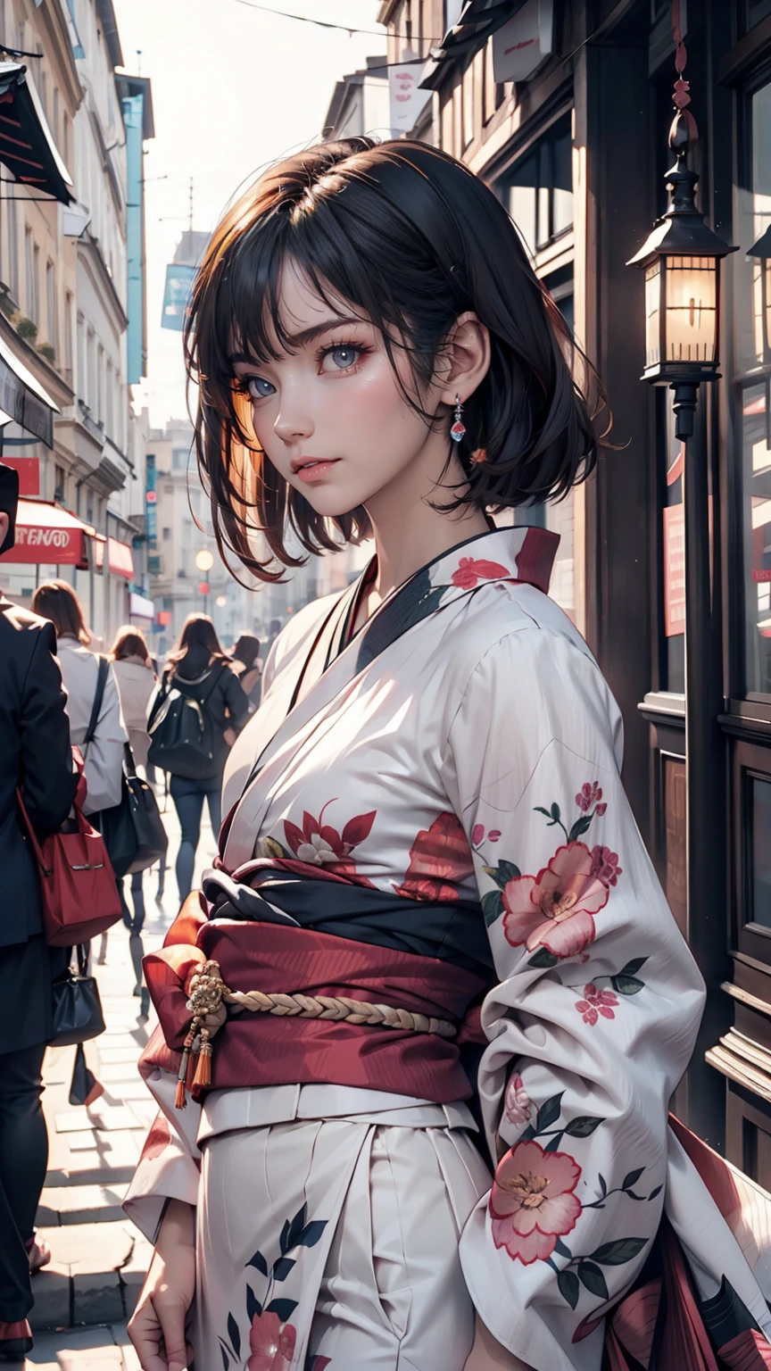 (Highest quality, 16K, masterpiece: 1.3)), 1 girl, Sharp focus: 1.2, Beautiful woman with perfect figure: 1.4, Slim Abs: 1.2, (((Short Bob Hair)), ((small: 1.4)), ((Beautiful Face Idol: 1.3)), (Transparent fabric kimono 1.5)), Highly detailed face and skin texture, Detailed eyes, double eyelid, (((stop temporarily)), (Fascinating)), walk, Paris cityscape, Low - Angle, Shooting from below