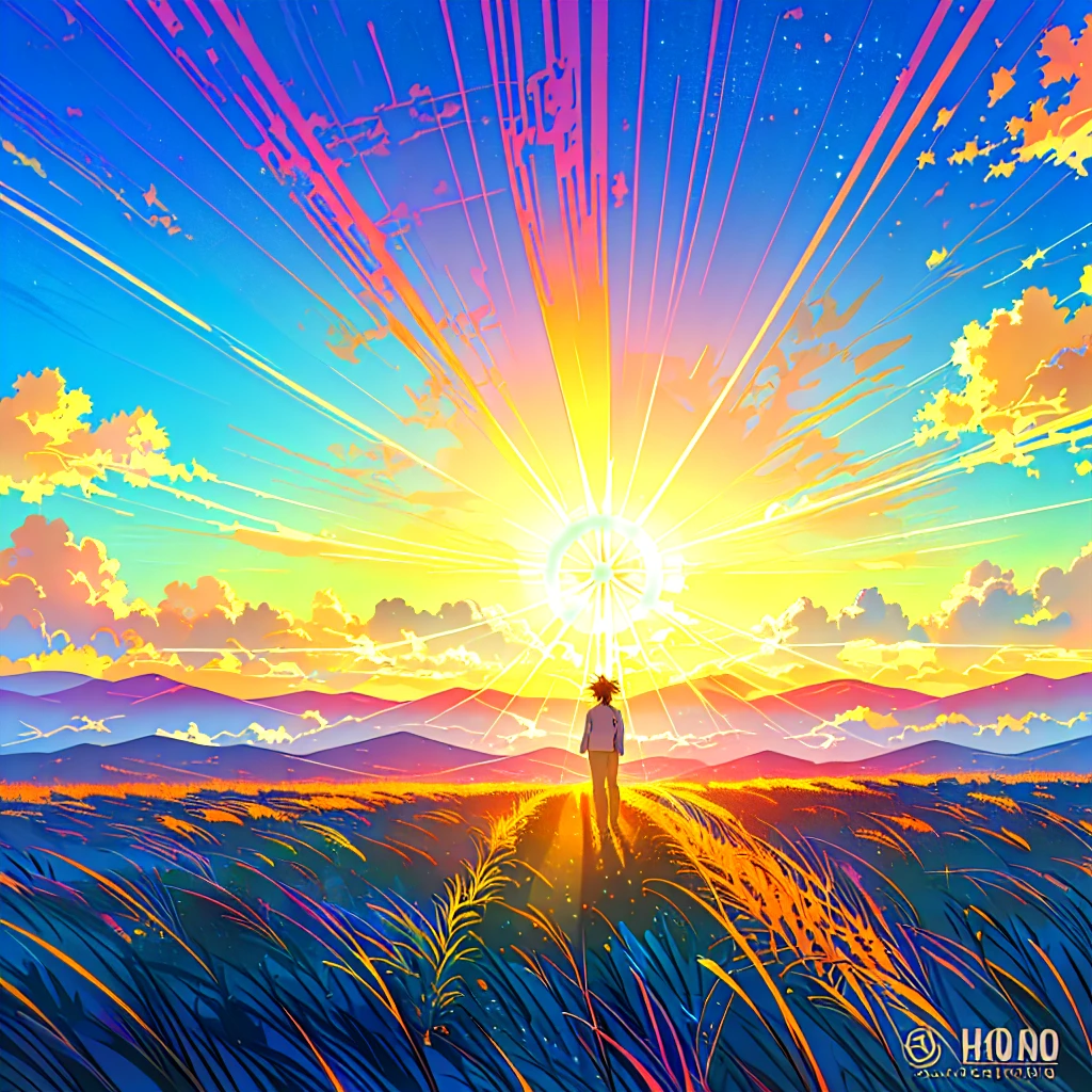 Japanese cartoons, sunset, landscape, Sky, sun, Grass, people, nature, Shinkai Makoto cyril rolando, Japanese cartoons beautiful peace scene, Cyril Rolando (Cyril Rolando) of inspiration, watching the sun set. Japanese cartoons, Japanese cartoons background art, dreamlike sunraise, Cyril Rolando and Goro Fujita, ( ( Shinkai Makoto ) ), sunset light, lofi style，Top quality，4K，Ultra HD Wallpaper，Full of details