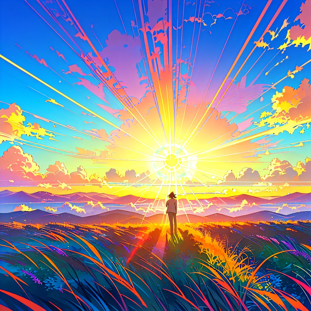 Japanese cartoons, sunset, landscape, Sky, sun, Grass, people, nature, Shinkai Makoto cyril rolando, Japanese cartoons beautiful peace scene, Cyril Rolando (Cyril Rolando) of inspiration, watching the sun set. Japanese cartoons, Japanese cartoons background art, dreamlike sunraise, Cyril Rolando and Goro Fujita, ( ( Shinkai Makoto ) ), sunset light, lofi style，Top quality，4K，Ultra HD Wallpaper，Full of details