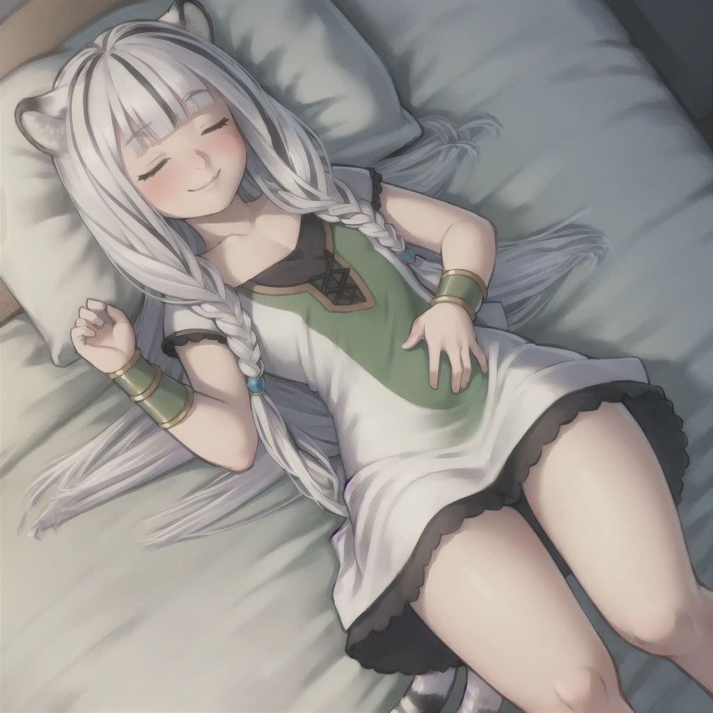 ((masterpiece)), (best quality), (ultra-detailed), photorealistic, (best illustration), ((an extremely delicate and beautiful)), 1girl, solo, long hair, tiger ears, [:tiger tail under:0.2], white hair, two-tone hair, lying on stomach, on bed, tired, white dress, (green dress:1), multicolored dress, cross-laced, standing, closed eyes, flirty smile, black skirt, short sleeves, detailed scenery, blue sky, horizon, low twin braids, twin braids, hair ornament, bracelet, (looking at viewer:0.9), blush, tail wagging.

