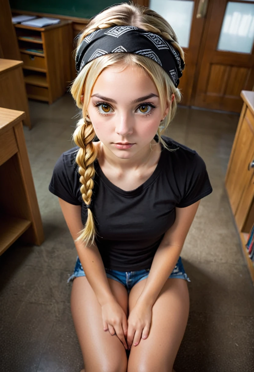 ((masterpiece)) (best quality), (ultra detailed), (vivid colors, foreshortening, depth of field, fisheye lens) from above view, looking straight down at model, a young teen girl, beautiful, blonde, 2 braids, black bandana in hair, brown eyes, medium breasts, white t-shirt, panties, sitting on her knees, looking straight up at viewer, background is a dark empty classroom, extremely low lighting