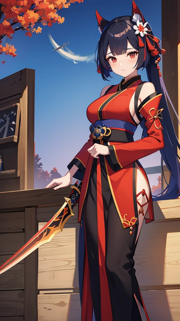 Anime-style image of a woman in a red dress holding a sword, The Detailed Art of the Onmyoji, onmyoji, Ayaka Genshin Impact, Onmyoji portrait, Ayaka Games Genshin Impact, Katana Zero video game characters, From the Azur Lane video game, Genshin Impact characters, The fox and the bush, Azur Lane Style