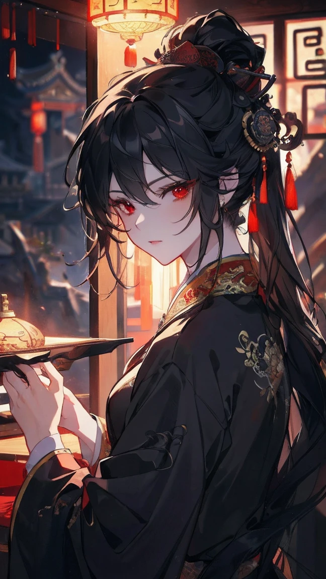 (extremely detailed 8K wallpaper),(ultra-detailed),(best quality),(masterpiece),(highly detailed),(cinematic lighting),(Original),Cold ligh,moody,(Chinese elaborate-style painting ),ink style, black hair, red eyes