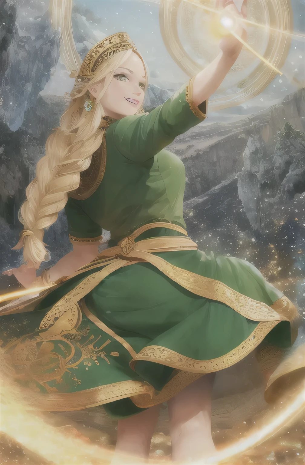 Highest quality, masterpiece, Upper Body,
(Adult:1.6) Ukrainian woman, (Grin:0.4),
Braided blonde hair,
Emerald Eyes,
Medieval sundress,
Floating light particles, Centered, look back