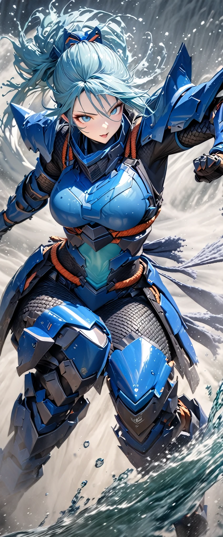 (masterpiece),(Highest quality),(High resolution),(Very detailed),8k,wallpaper,(Armored Core Style),Woman in ninja robot armor,Random Hairstyles,(Water Ninja),(Blue body),(Detailed face),(Detailed body),(The background is foggy:1.2),(The body is enveloped in mist:1.2),(dynamic),(Making a Ninja Sign),(action shot)