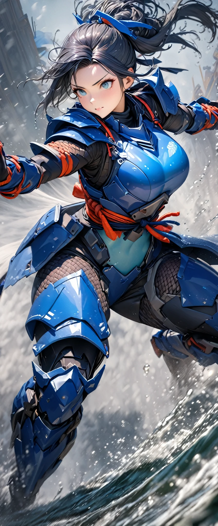 (masterpiece),(Highest quality),(High resolution),(Very detailed),8k,wallpaper,(Armored Core Style),Woman in ninja robot armor,Random Hairstyles,(Water Ninja),(Blue body),(Detailed face),(Detailed body),(The background is foggy:1.2),(The body is enveloped in mist:1.2),(dynamic),(Making a Ninja Sign),(action shot)