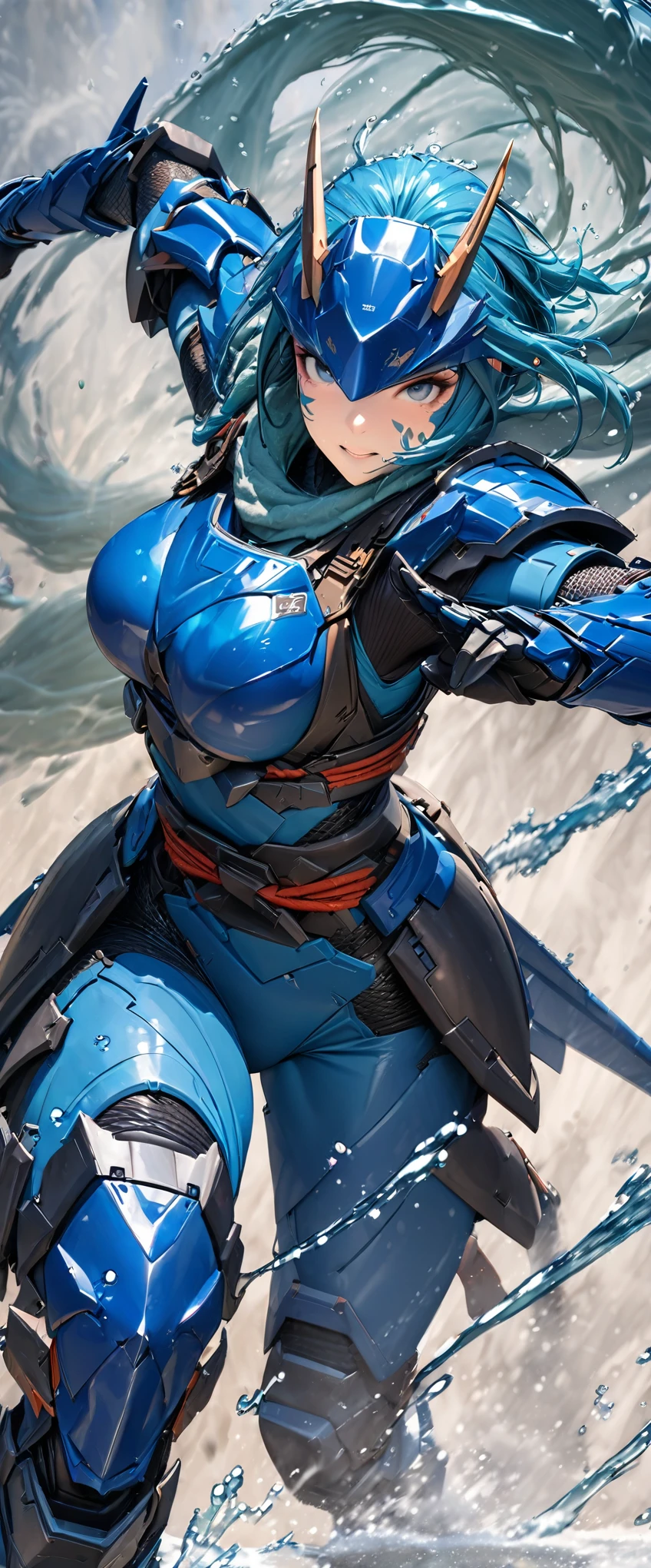 (masterpiece),(Highest quality),(High resolution),(Very detailed),8k,wallpaper,(Armored Core Style),Woman in ninja robot armor,Random Hairstyles,(Water Ninja),(Blue body),(Detailed face),(Detailed body),(The background is foggy:1.2),(The body is enveloped in mist:1.2),(dynamic),(Making a Ninja Sign),(action shot)