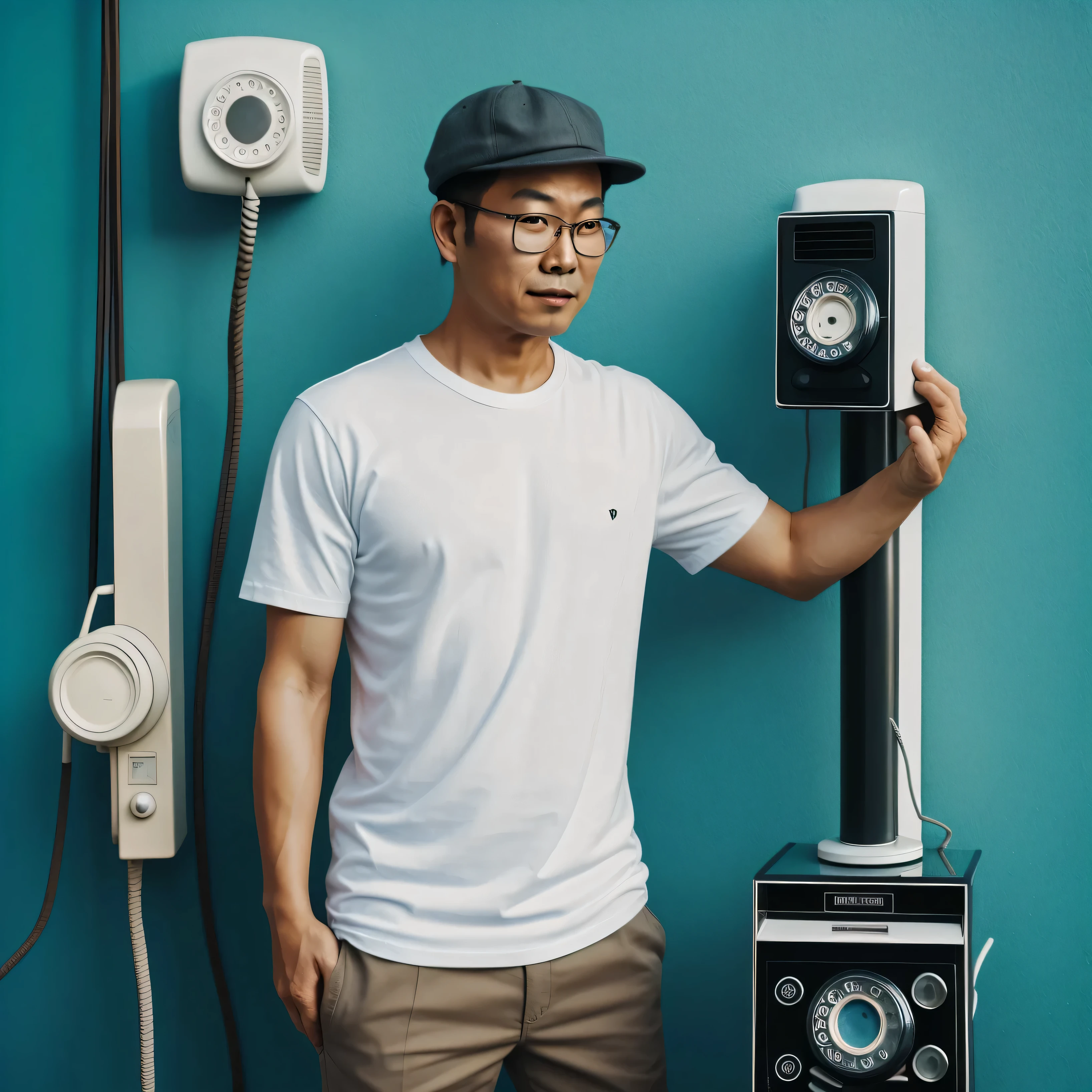asian man in glasses, white t-shirt and fisherman hat standing next to retro white telephone hanging on blue wall in background, in the style of ultrafine detail, high quality photo