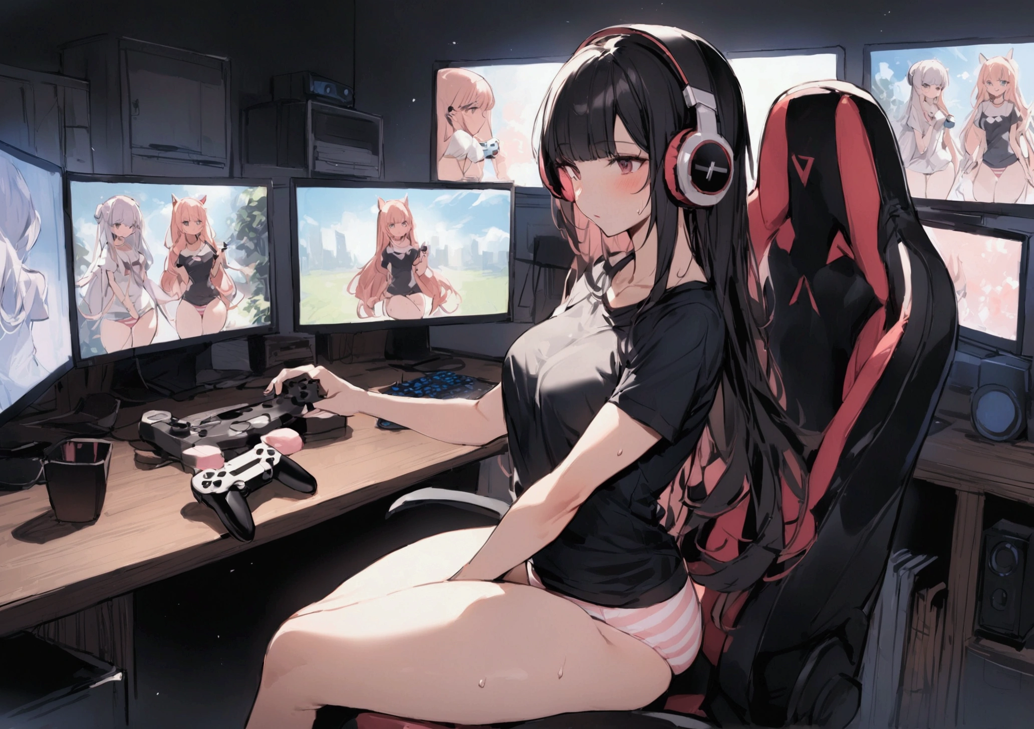 One Woman、beautiful girl、Sit on a chair、Dark Room、computer、Sit in a gaming chair、High-end headphones、Grip the game controller、Operate the controller、Sweets on the desk、computerに向き合う、beautiful girl, Highest quality,  Tight T-shirt、Thick thighs、Big 、Big Ass、Black Hair、long hair、Bangs、Sweaty body、I&#39;m sweating all over、Lewd sound effects、Striped panties、Looking at the monitor、Addicted to perverted video games