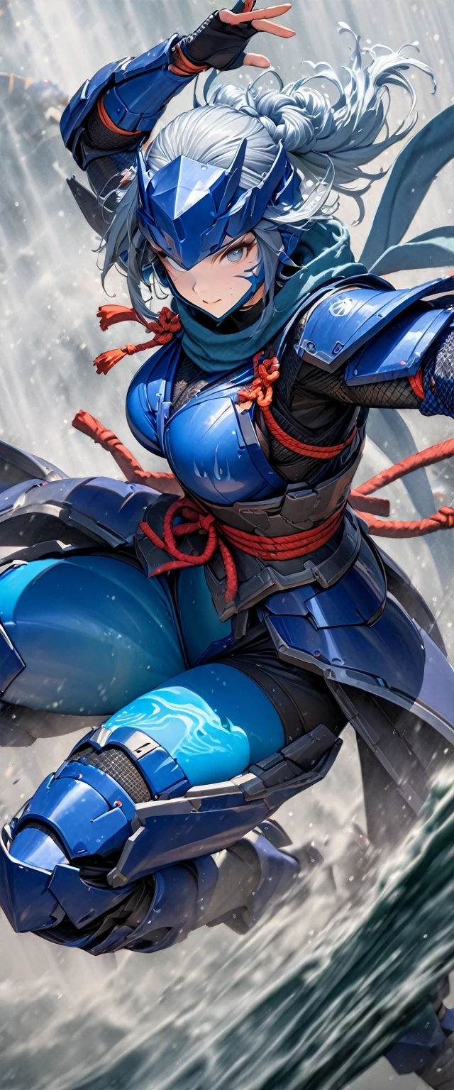 (masterpiece),(Highest quality),(High resolution),(Very detailed),8k,wallpaper,(Armored Core Style),Woman in ninja robot armor,Random Hairstyles,(Water Ninja),(Blue body),(Detailed face),(Detailed body),(The background is foggy:1.2),(The body is enveloped in mist:1.2),(dynamic),(Making a Ninja Sign:1.5),(action shot)