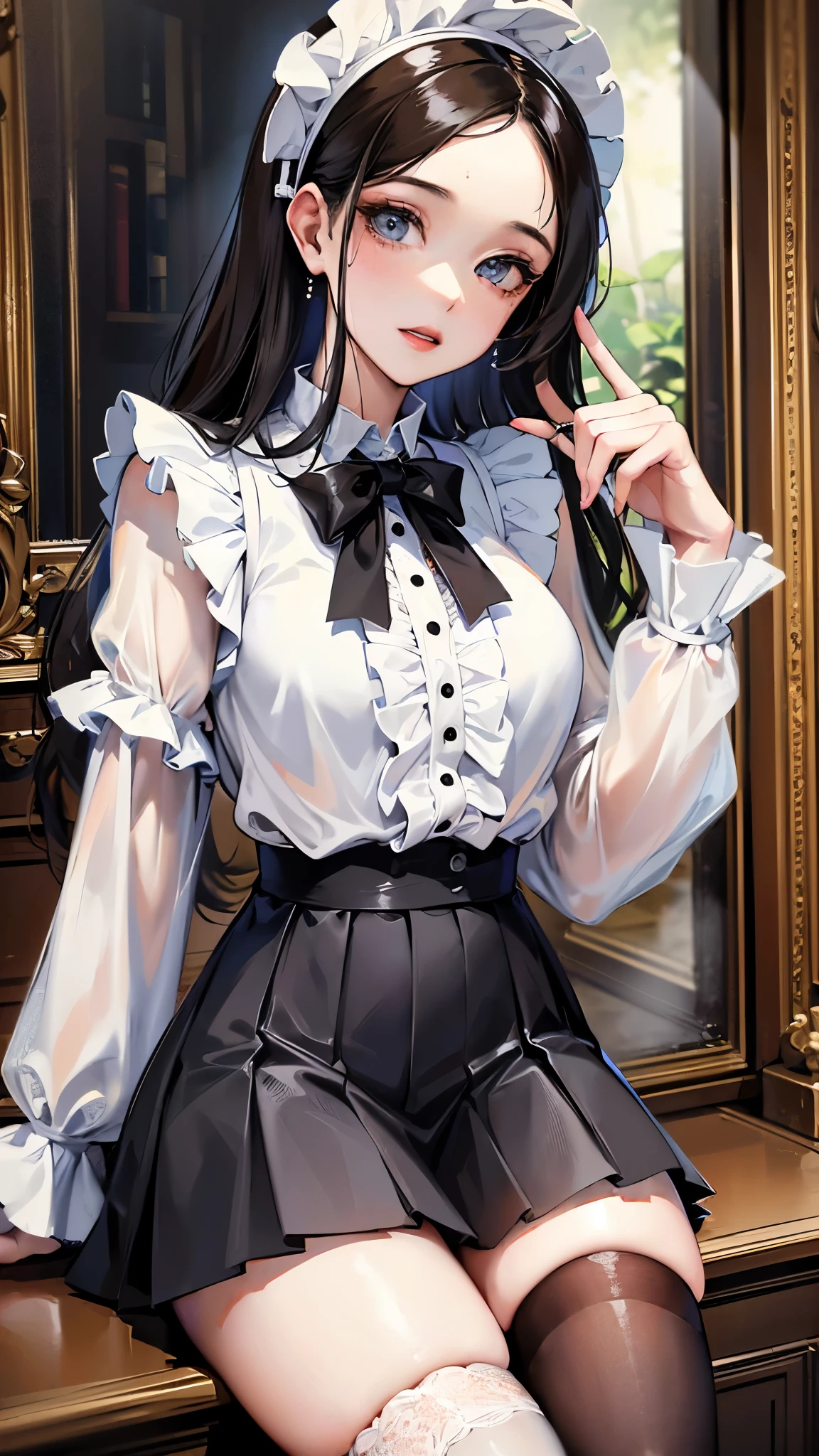 ((Highest quality)),(Ultra-high resolution),(Super detailed),(Detailed Description),((The best CG)),(masterpiece),Highly detailed art,(Art with precise detail:1.5), (woman:1.5),(Beautiful and well-proportioned face:1.4),(Forehead:1.8),Wistful gaze:1.5,(Frilled blouse:1.6),(Pleated skirt:1.4),Knee-high stockings:1.3