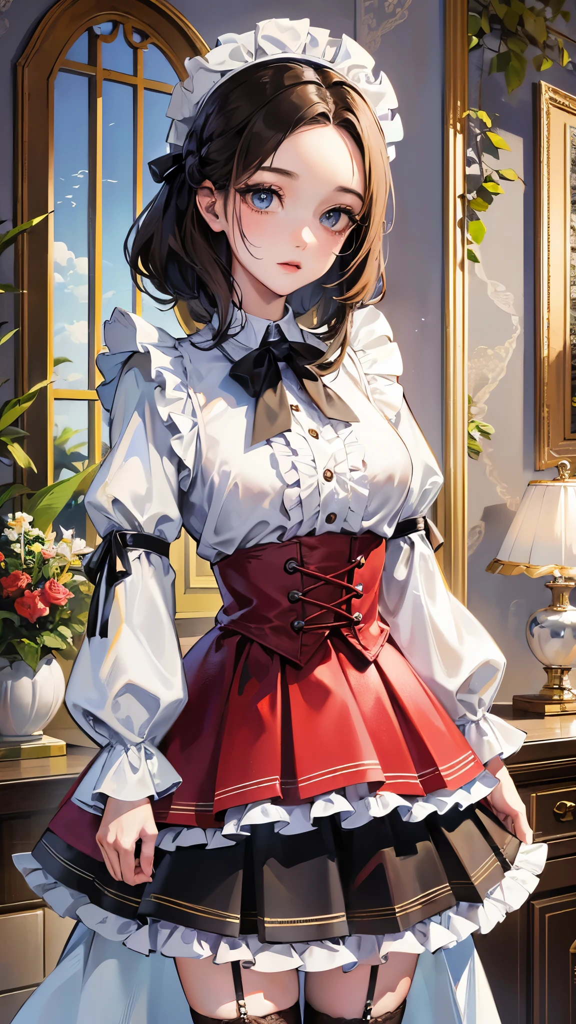 ((Highest quality)),(Ultra-high resolution),(Super detailed),(Detailed Description),((The best CG)),(masterpiece),Highly detailed art,(Art with precise detail:1.5), (woman:1.5),(Beautiful and well-proportioned face:1.4),(Forehead:1.8),Wistful gaze:1.5,(Frilled blouse:1.6),(Pleated skirt:1.4),Knee-high stockings:1.3