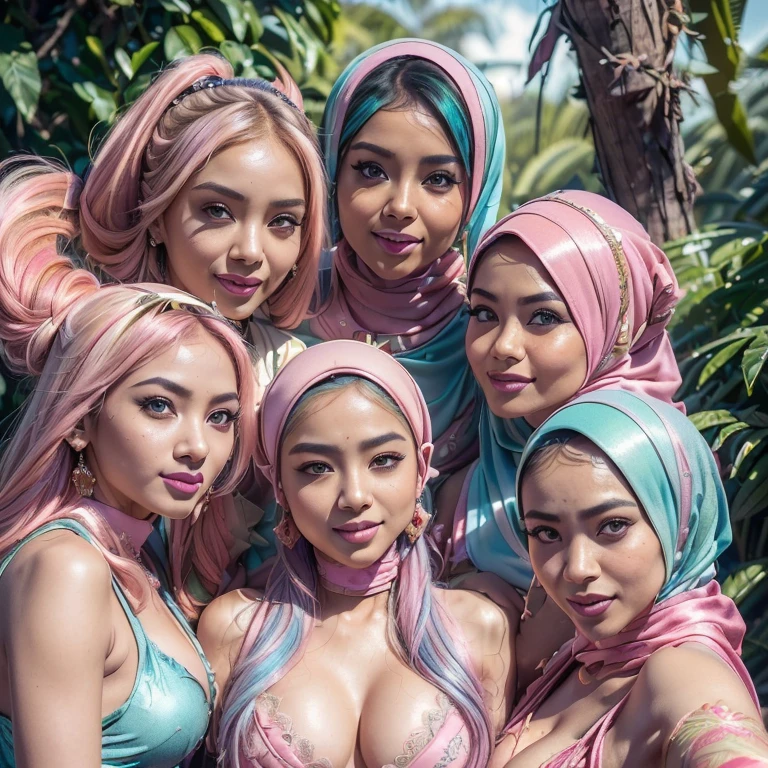 (((Malay prostitute, Malay gorgeous, Malay beauties))), 3girls, Look at viewer (((3 womans:1.5))) (((3 womans:1.5, womans standing full naked and nudes))) (((Perfect hijab))) (((blurry background, eye focus, cowboy shot, island beach background, facing front, dramatic light, cinematic light, realistic, realism))) ((Standing:1.5 (((NSFW Girlsis naked and nude, pink tit's))), Realistic, 3 malay girls, hijab, face enhancement, face extra large zoom, selfie, look up, stare at me, cleavage emphasis, smile, sit on bed, wear pastel color Lace Satin Cami Night Dress, Aesthetics of the female body in hijab, Serene setting, Sunlight filtering through leaves, Beautifully detailed clothing, intricate hijab patterns, Cultural immersion, Ethnic diversity, Feminine elegance. 3D Octane rendering, ray tracing, super detailing viewer, close-up.Malay girl with hijab, Eye makeup (((highest quality)), (super detailed), 2 girls, (iridescent hair, colorful hair, half blue and half pink hair: 1.2), (Gorgeous Malay Girls: 1.2), outdoor, bangs, smile, sky blue eyes, perfect hands, perfect hands, hand details, corrected fingers. Earrings, big breasts, high quality, ultra detail, 8k, action pose, cinematic lighting, lot of smoke effect, dramatic action, fighting pose, style raw, 35mm lense, low angle Shot, Deep Focus cinematography effect, Natural Lighting, cool-toned color grading, high quality, ultra detail, 8k resolution, using Canon EOS C700, Best quality, high resolution, Masterpiece: 1.3, Beautiful Malay hijab girl, Masterpiece, Soft smile, Realistic, Charming eyes, Glowing eyes, Parted lips, Modest attire, Malay traditional hijab, graceful figure, Aesthetics of the female body in hijab, Serene setting, Sunlight filtering through leaves, Beautifully detailed clothing, intricate hijab patterns, Cultural immersion, Ethnic diversity, Feminine elegance. 3D Octane rendering, ray tracing, super detailing viewer, close-up.Malay girl with hijab, Eye makeup (((highest quality)), (super detailed),