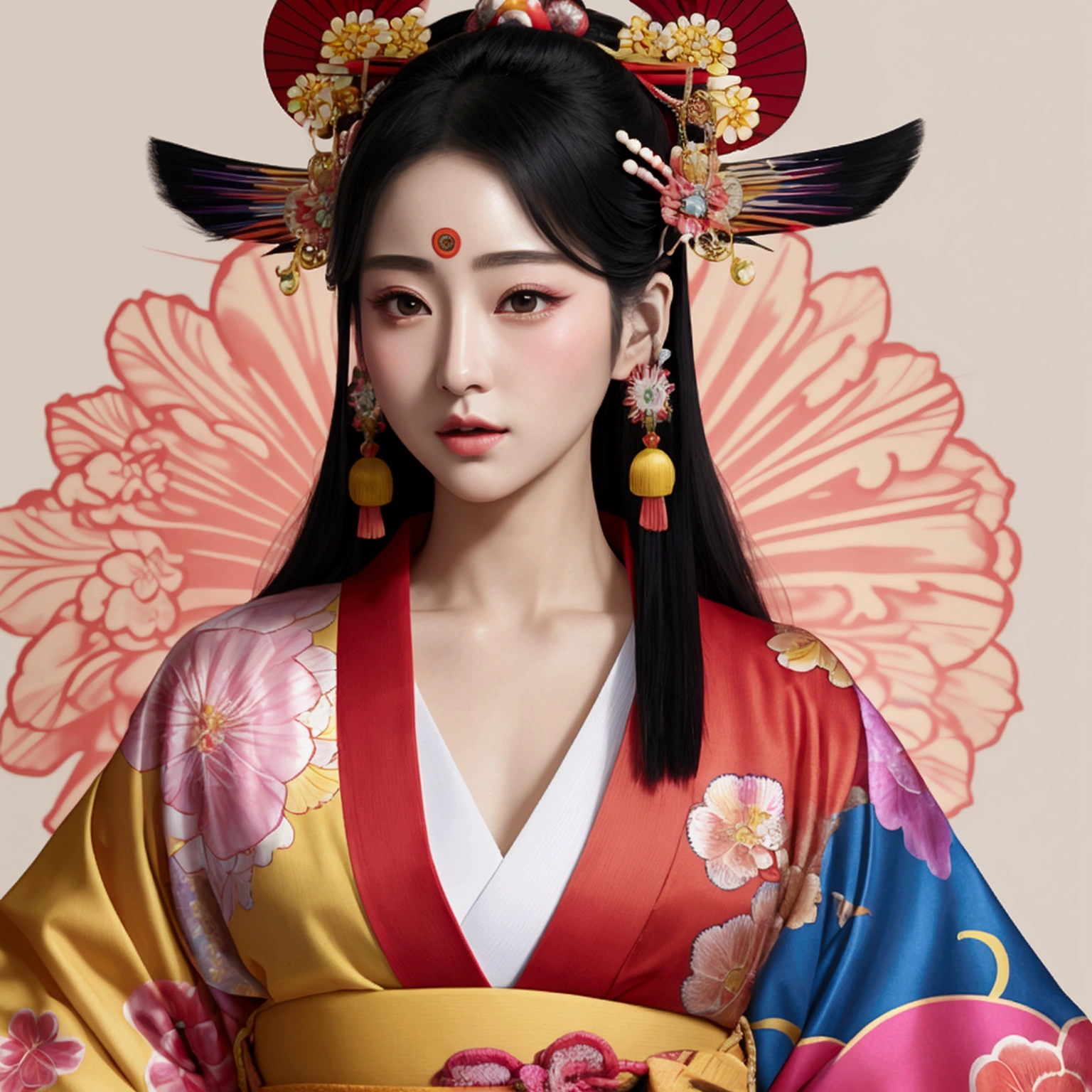 Realistic depiction god々Shii Beauty 天照大godのような Colorful kimonos Facing the front