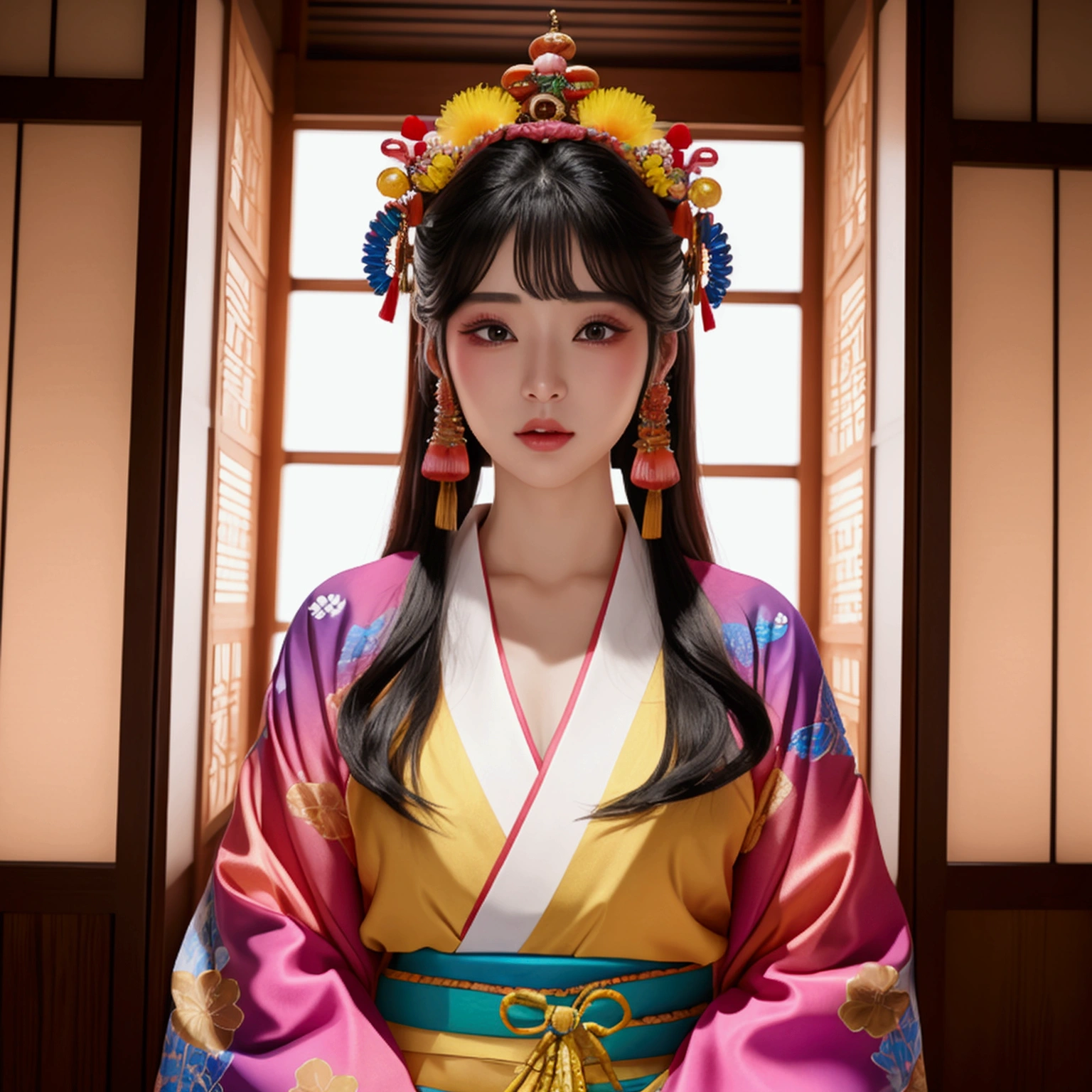 Realistic depiction god々Shii Beauty 天照大godのような Colorful kimonos Facing the front