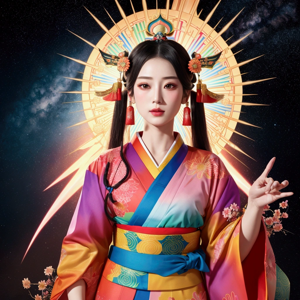 Realistic depiction　god々Shii Beauty　天照大godのような　Colorful kimonos　Facing the front