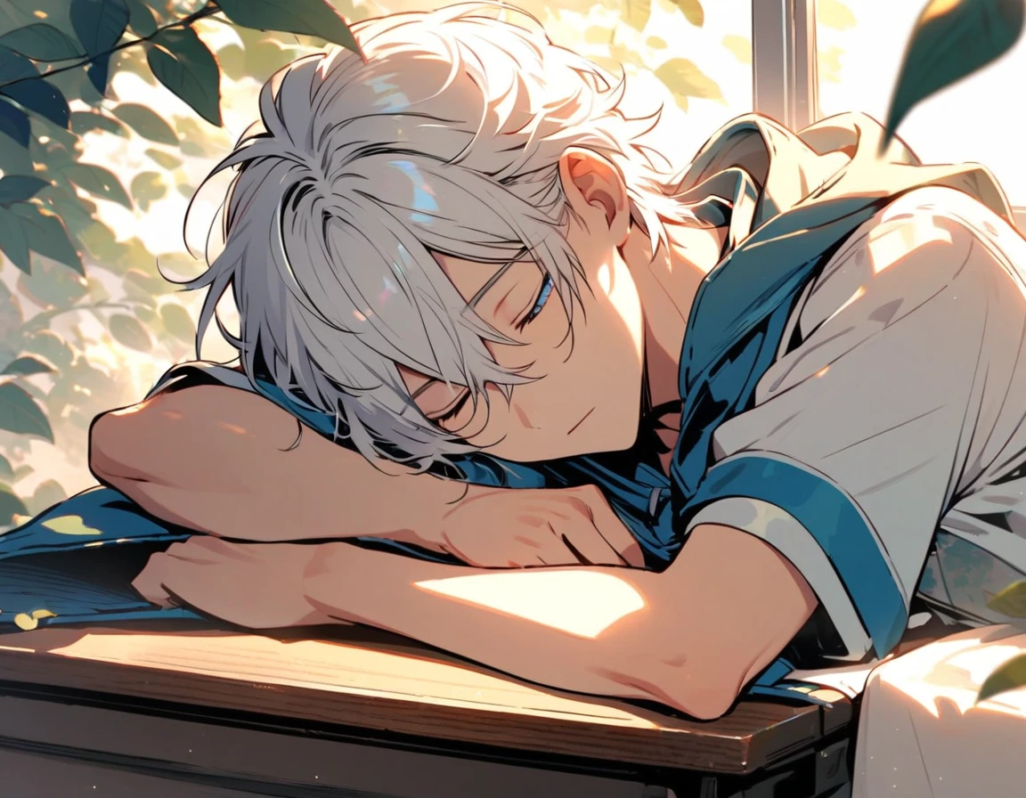 young,Handsome, Solitary, 1 male, White hair, blue eyes,Light short sleeves, Light-colored coat covering the body,Quiet face, Sleeping on the desk,The sunlight from the window shines on his face through the leaves