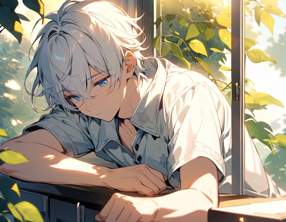 young,Handsome, Solitary, 1 male, White hair, blue eyes,Light short sleeves, Light-colored coat covering the body,Quiet face, Sleeping on the desk,The sunlight from the window shines on his face through the leaves