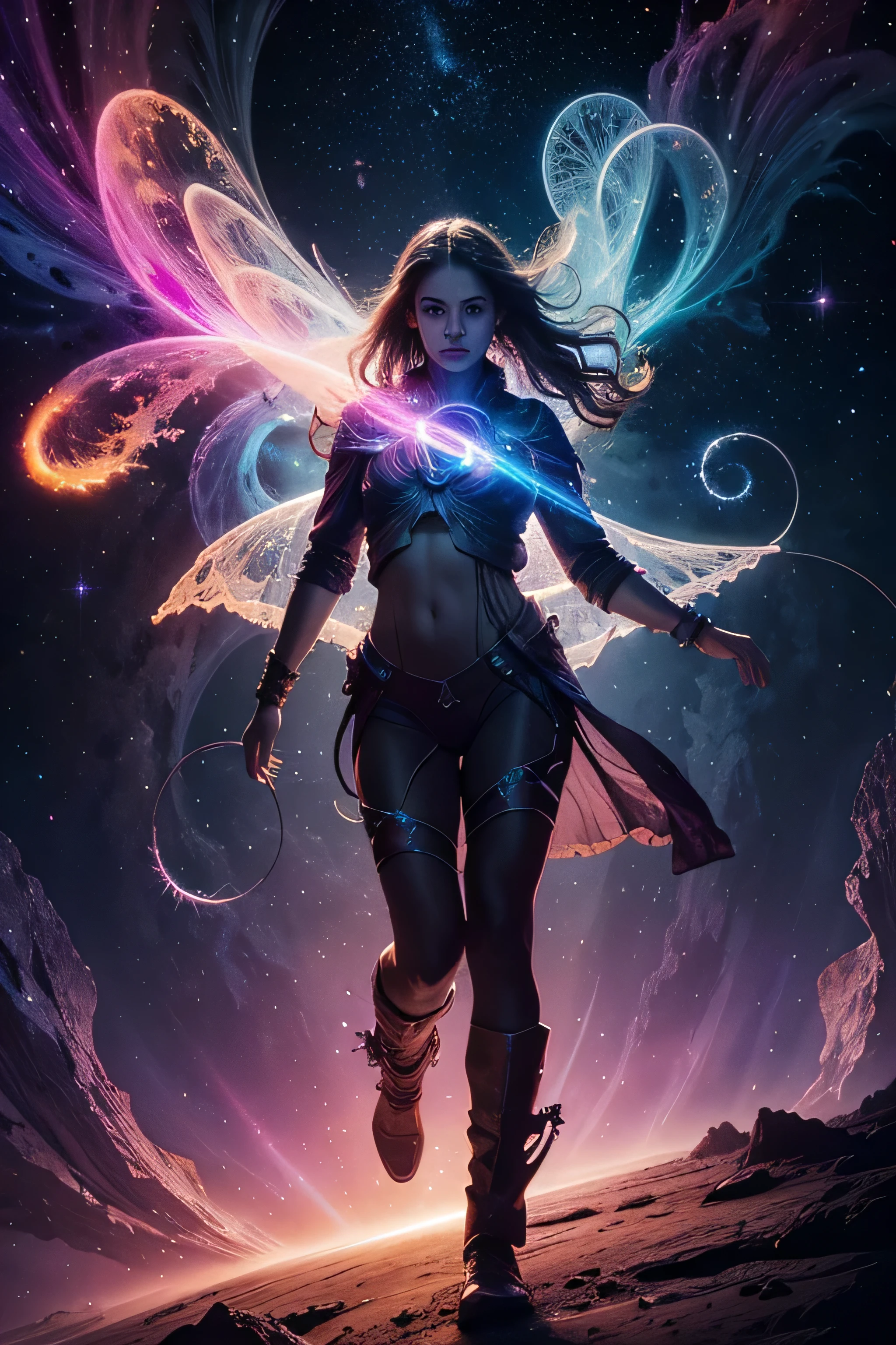 inconceivable and spectacular a scene of emergence of a figure from the glowing cloud, fractal nebula threads, cosmic entities, celestial, cosmic, vibrant and vivid, swirls, twirling, unrealistic, high contrast, symobolism, magical, mystical, mystifying, hyperrealistic, oversaturate, colorfully