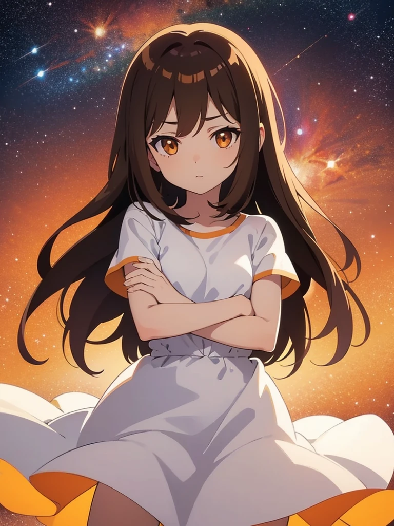 girl, Brown Hair, Orange eyes, Arms crossed, In the middle of the universe, ((Anime Style)), White shirt, Soft colors, Colorful background, Space Background, Soft Strokes