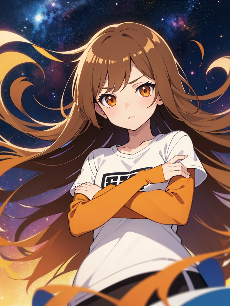 girl, Brown Hair, Orange eyes, Arms crossed, In the middle of the universe, ((Anime Style)), White shirt, Soft colors, Colorful background, Space Background, Soft Strokes