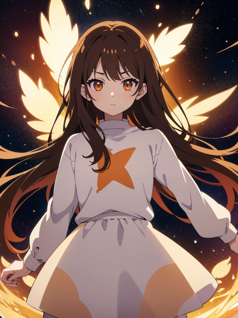 girl, Brown Hair, Orange eyes, Arms crossed, In the middle of the universe, ((Anime Style)), White shirt, Soft colors, Colorful background, Space Background, Soft Strokes