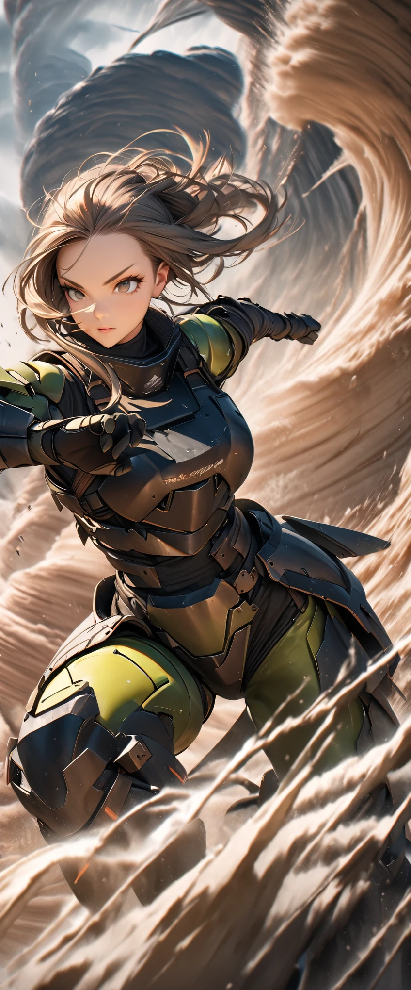 (masterpiece),(Highest quality),(High resolution),(Very detailed),8k,wallpaper,(Armored Core Style),Woman in ninja robot armor,(Tactical Forehead Protector),Random Hairstyles,(Wind Ninja),(Light green body),(Detailed face),((Cowboy Shot)),(((The background is a tornado:1.3))),Hair blowing in the wind,(dynamic),(Making a Ninja Sign),(action shot)