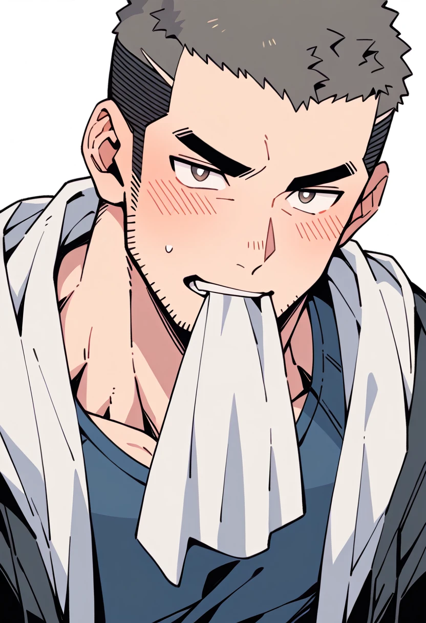 anime characters:Priapus, Muscle Sports Student, Buzz Cut, Manliness, male focus, Sports tight hooded sweatshirt, Very tight, full and perky chest muscles, muscular male, muscular, only, Upper body, alone, Black short hair, Thick eyebrows, stubble, Brown-red pupils, White background, simple background, amazing quality, best aesthetics, Ridiculous, crew cut, blush, mouth hold, Mouth biting a white towel, embarrassed, shy, endured face, negative space, best quality