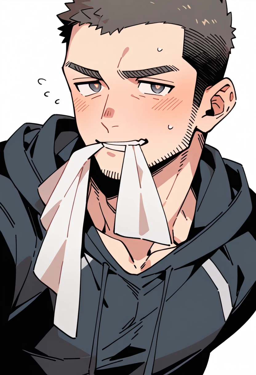 anime characters:Priapus, Muscle Sports Student, Buzz Cut, Manliness, male focus, Sports tight hooded sweatshirt, Very tight, full and perky chest muscles, muscular male, muscular, only, Upper body, alone, Black short hair, Thick eyebrows, stubble, Brown-red pupils, White background, simple background, amazing quality, best aesthetics, Ridiculous, crew cut, blush, mouth hold, Mouth biting a white towel, embarrassed, shy, endured face, negative space, best quality