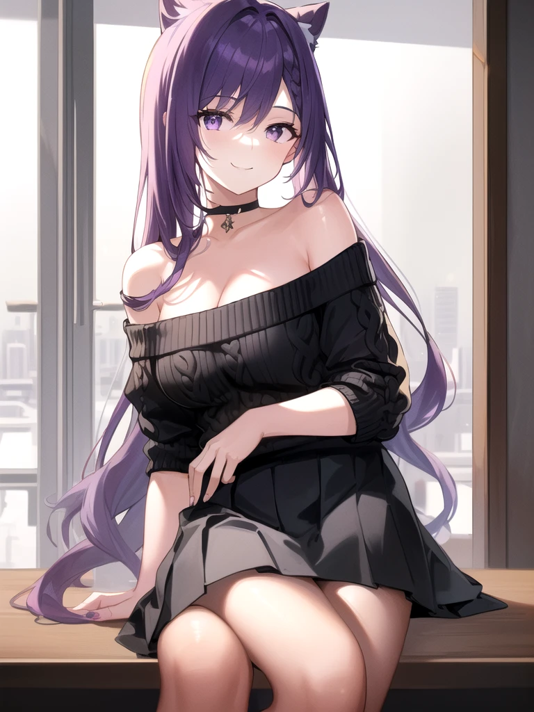 Keqing, solo, night time, moonlight, bedroom setting, (Anime illustration), ((detailed shadows)), (detailed lighting), (detailed buildings), detailed eyes. (dramatic chiaroscuro), ((Masterpiece)), ((perfect detailed hands)), ((intricate detail)), (flowing hair), purple hair, long hair, curly hair, ((detailed hair)), (((smooth skin))), HD wallpaper, UHD image, (oversized_off_shoulder white sweater:1.2, (detailed sweater), (bare shoulder), (cleavage), (black pleaded skirt:1.2), smiling, perfect fingers, (bare legs:1.2), realistic fingers, detailed fingers, well-defined fingers, natural fingers, proportional fingers, accurate fingers, clear knuckles, defined knuckles, visible knuckles, clear nails, defined nails, (hand behind hair:1.2)