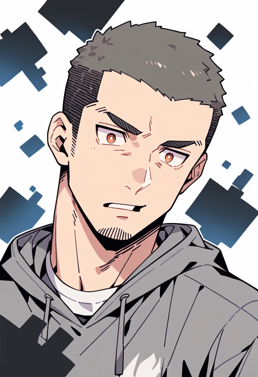 anime characters：Priapus, Muscle Sports Student, Buzz Cut, Manliness, male focus, Sports tight hooded sweatshirt, Very tight, full and perky chest muscles, muscular male, muscular, only, Upper body, alone, Black short hair, Thick eyebrows, stubble, Brown-red pupils, White background, simple background, amazing quality, best aesthetics, Ridiculous, crew cut, parted lips, flustered, endured face, negative space, best quality