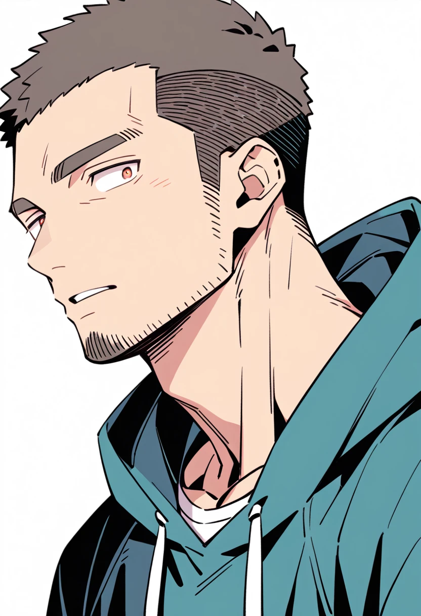 anime characters：Priapus, Muscle Sports Student, Buzz Cut, Manliness, male focus, Sports tight hooded sweatshirt, Very tight, full and perky chest muscles, muscular male, muscular, only, Upper body, alone, Black short hair, Thick eyebrows, stubble, Brown-red pupils, White background, simple background, amazing quality, best aesthetics, Ridiculous, crew cut, parted lips, flustered, endured face, negative space, best quality