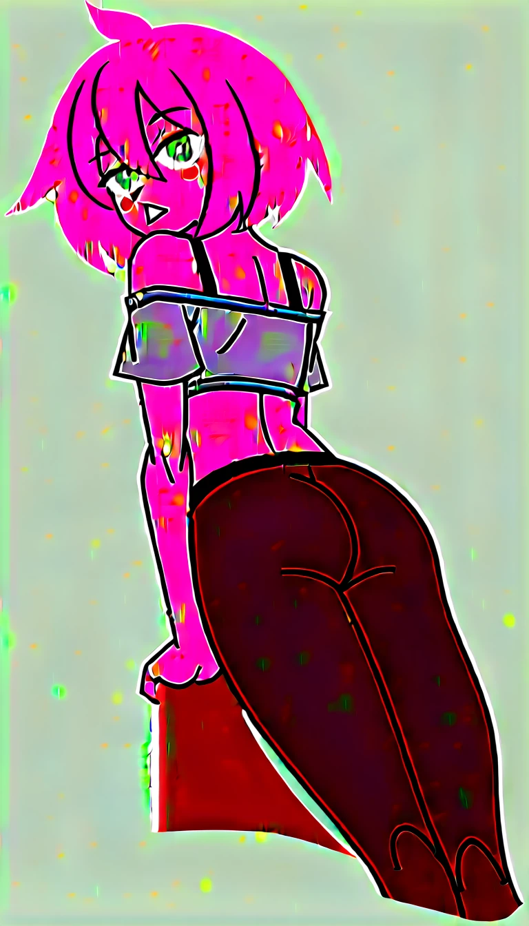 looking at viewer, solo, anya, 1girl, ((small breast)), (()), ((belly stuffed)), ((very drunk)), ((staggers)), ((drank too much)), ((exhausted)), ((agitated)), pink hair, Green eyes, off shoulder, ((pink pul)), black pantyhose, ((don't stand)), ((see his ass)), ((sex)),
