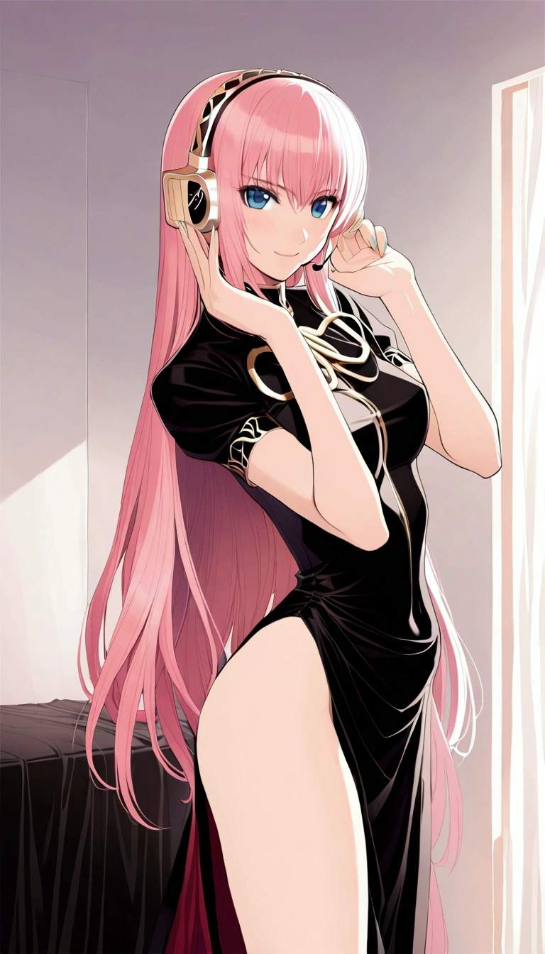 masterpiece,Detailed and beautiful depiction 1.1,Official Art,Beautiful adult woman ,Megurine Luka,Megurine Lukaの公式衣装,headphone,Black costume with gold decoration,Pink long hair,blue eyes,smile,Mr.々A pose,Erotic temptation,Bedroom,Draw hands in detail,Draw the legs in detail