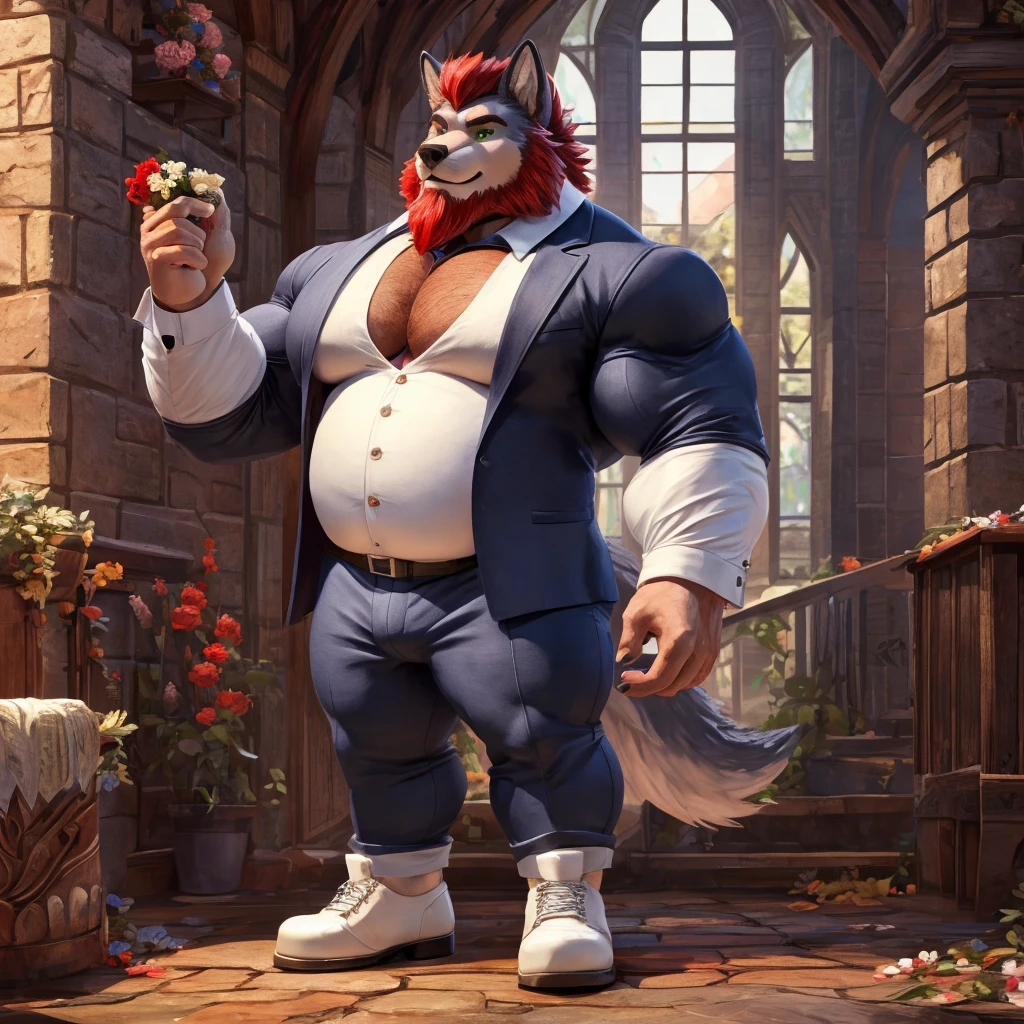 ((best quality)), ((masterpiece)), (Ultra detailed), ((4k)) , Full Body , Solo , Anthro Wolf , Light Blue Fur , Red Short Hair ,Red Beard , Handsone , Good Looking , Green Eyes , Middle Ages , Huge Pecs , Bodybuilder Chubby Fat , Tuxedo , White Jeans , White Shoes , Flower