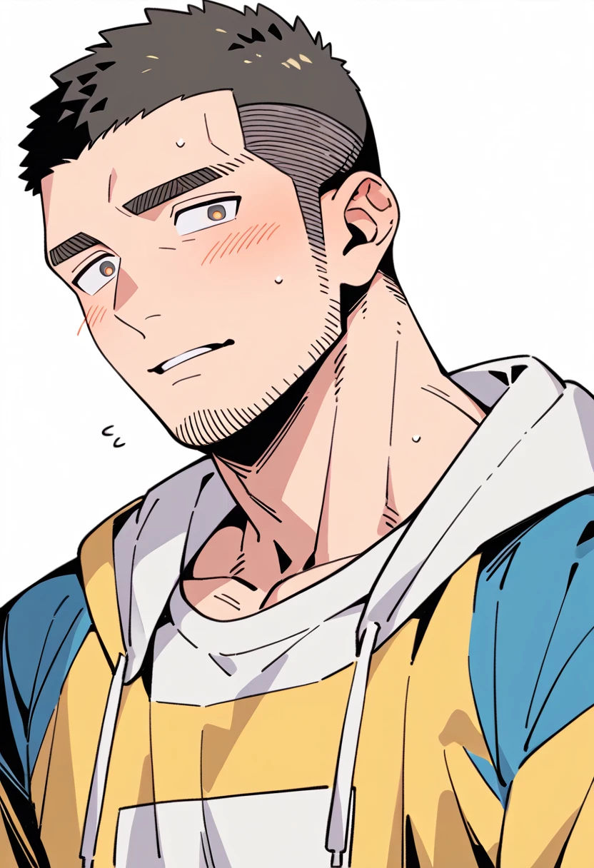 anime characters:Priapus, Muscle Sports Student, Buzz Cut, Manliness, male focus, Sports tight hooded sweatshirt, Very tight, full and perky chest muscles, muscular male, muscular, only, Upper body, alone, Black short hair, Thick eyebrows, stubble, Brown-red pupils, White background, simple background, amazing quality, best aesthetics, Ridiculous, crew cut, parted lips, flustered, endured face, shy, blush, negative space, best quality