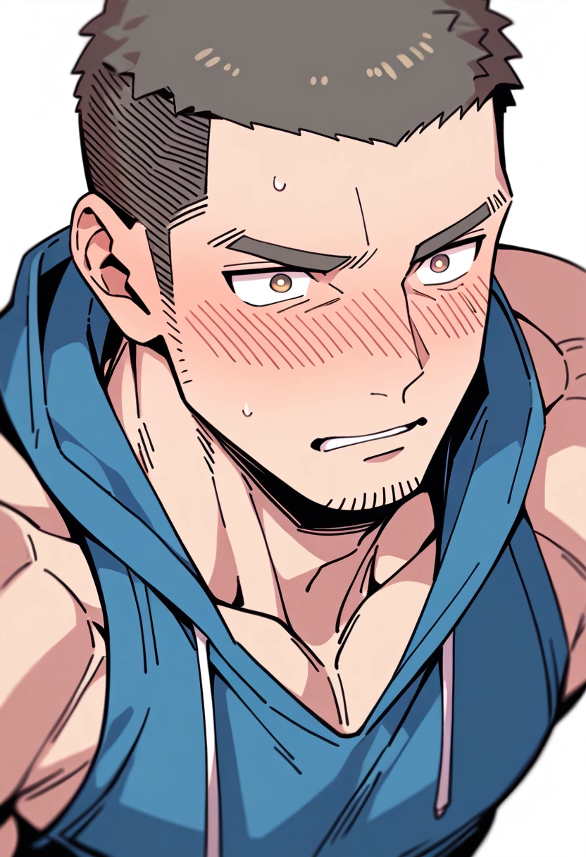anime characters:Priapus, Muscle Sports Student, Buzz Cut, Manliness, male focus, Sports tight hooded sweatshirt, Very tight, full and perky chest muscles, muscular male, muscular, only, Upper body, alone, Black short hair, Thick eyebrows, stubble, Brown-red pupils, White background, simple background, amazing quality, best aesthetics, Ridiculous, crew cut, parted lips, flustered, endured face, shy, blush, negative space, best quality
