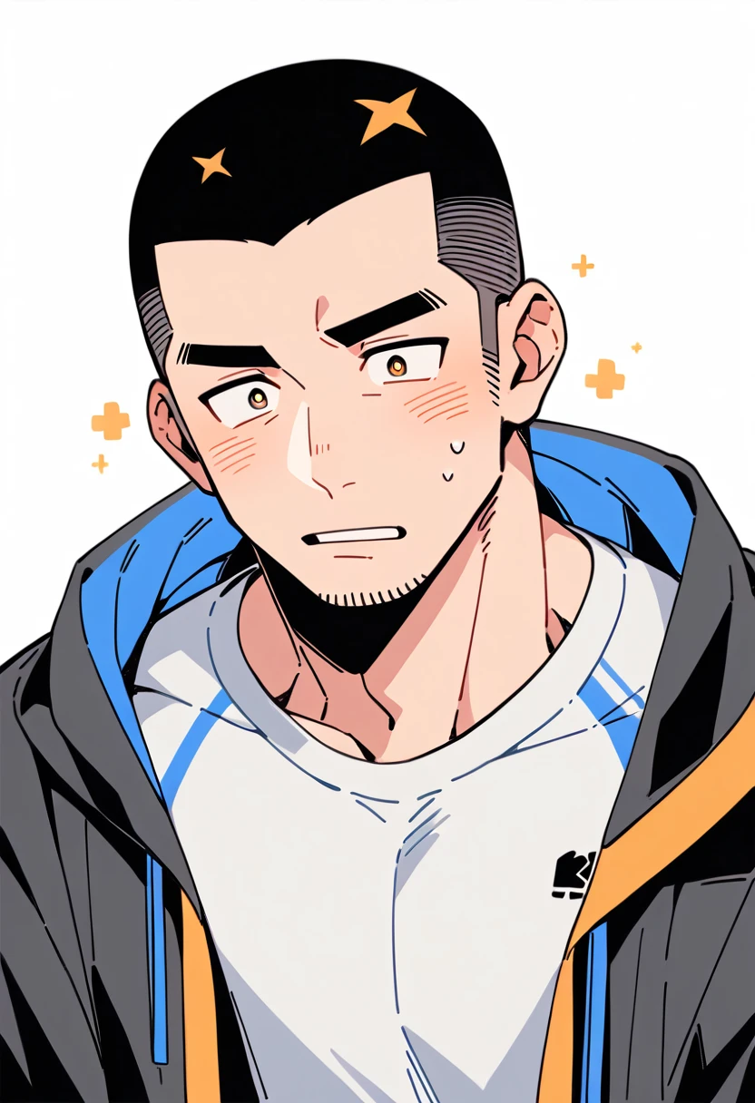 anime characters:Priapus, Muscle Sports Student, Buzz Cut, Manliness, male focus, Sports tight hooded sweatshirt, Very tight, full and perky chest muscles, muscular male, muscular, only, Upper body, alone, Black short hair, Thick eyebrows, stubble, Brown-red pupils, White background, simple background, amazing quality, best aesthetics, Ridiculous, crew cut, parted lips, flustered, endured face, shy, blush, negative space, best quality