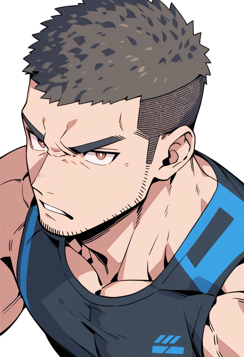 anime characters:Priapus, Muscle Sports Student, Buzz Cut, Manliness, male focus, Sports tight hooded sweatshirt, Very tight, full and perky chest muscles, muscular male, muscular, only, Upper body, alone, Black short hair, Thick eyebrows, stubble, Brown-red pupils, White background, simple background, amazing quality, best aesthetics, Ridiculous, crew cut, parted lips, frown, angry, v-shaped eyebrows, scowl, negative space, best quality
