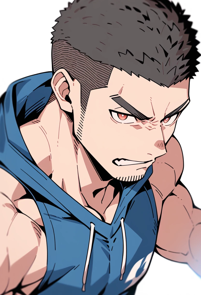 anime characters:Priapus, Muscle Sports Student, Buzz Cut, Manliness, male focus, Sports tight hooded sweatshirt, Very tight, full and perky chest muscles, muscular male, muscular, only, Upper body, alone, Black short hair, Thick eyebrows, stubble, Brown-red pupils, White background, simple background, amazing quality, best aesthetics, Ridiculous, crew cut, parted lips, frown, angry, v-shaped eyebrows, scowl, negative space, best quality