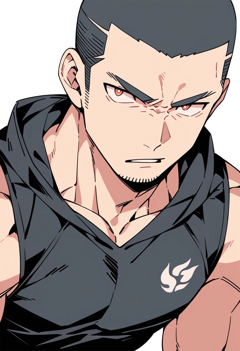 anime characters：Priapus, Muscle Sports Student, Buzz Cut, Manliness, male focus, Sports tight hooded sweatshirt, Very tight, full and perky chest muscles, muscular male, muscular, only, Upper body, alone, Black short hair, Thick eyebrows, stubble, Brown-red pupils, White background, simple background, amazing quality, best aesthetics, Ridiculous, crew cut, parted lips, frown, angry, v-shaped eyebrows, scowl, negative space, best quality