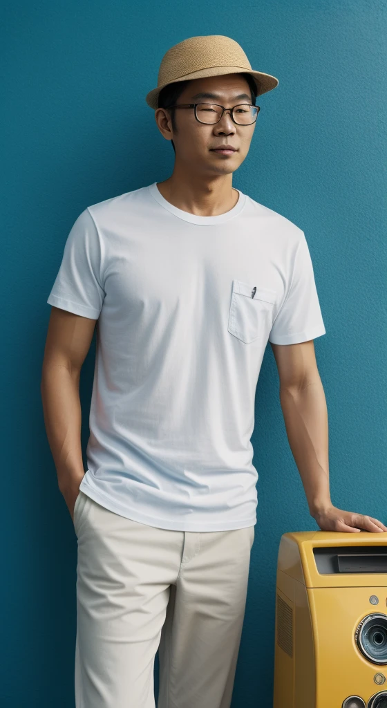 asian man in glasses, white t-shirt and fisherman hat standing next to retro white telephone hanging on blue wall in background, in the style of ultrafine detail, high quality photo